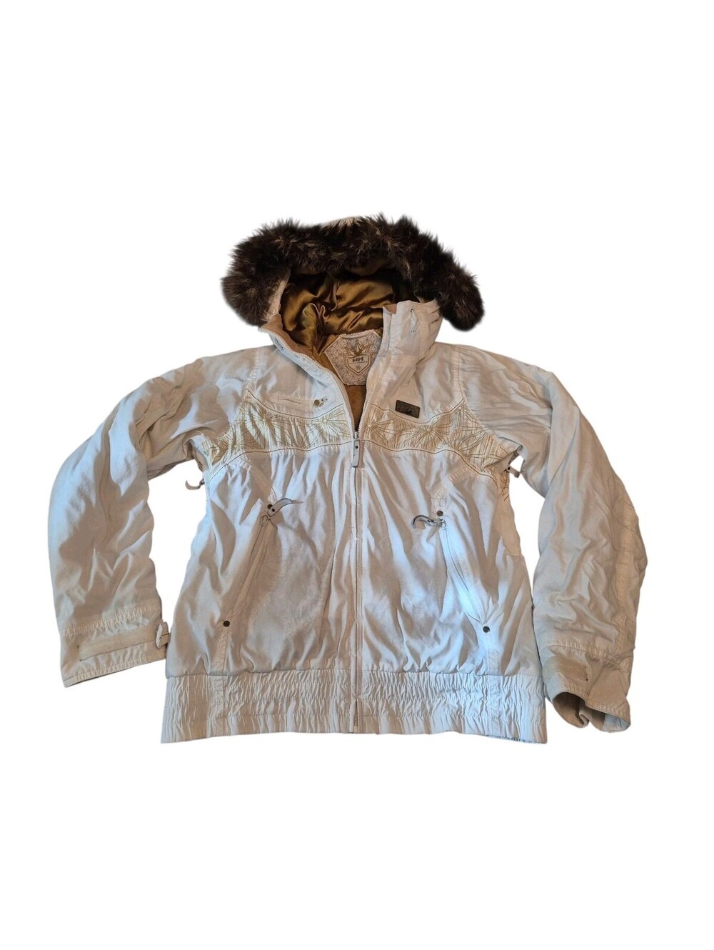 Vtg Y2K Helly Hansen White Gold Faux Fur Hooded Zip Snow Ski Coat Jacket Medium